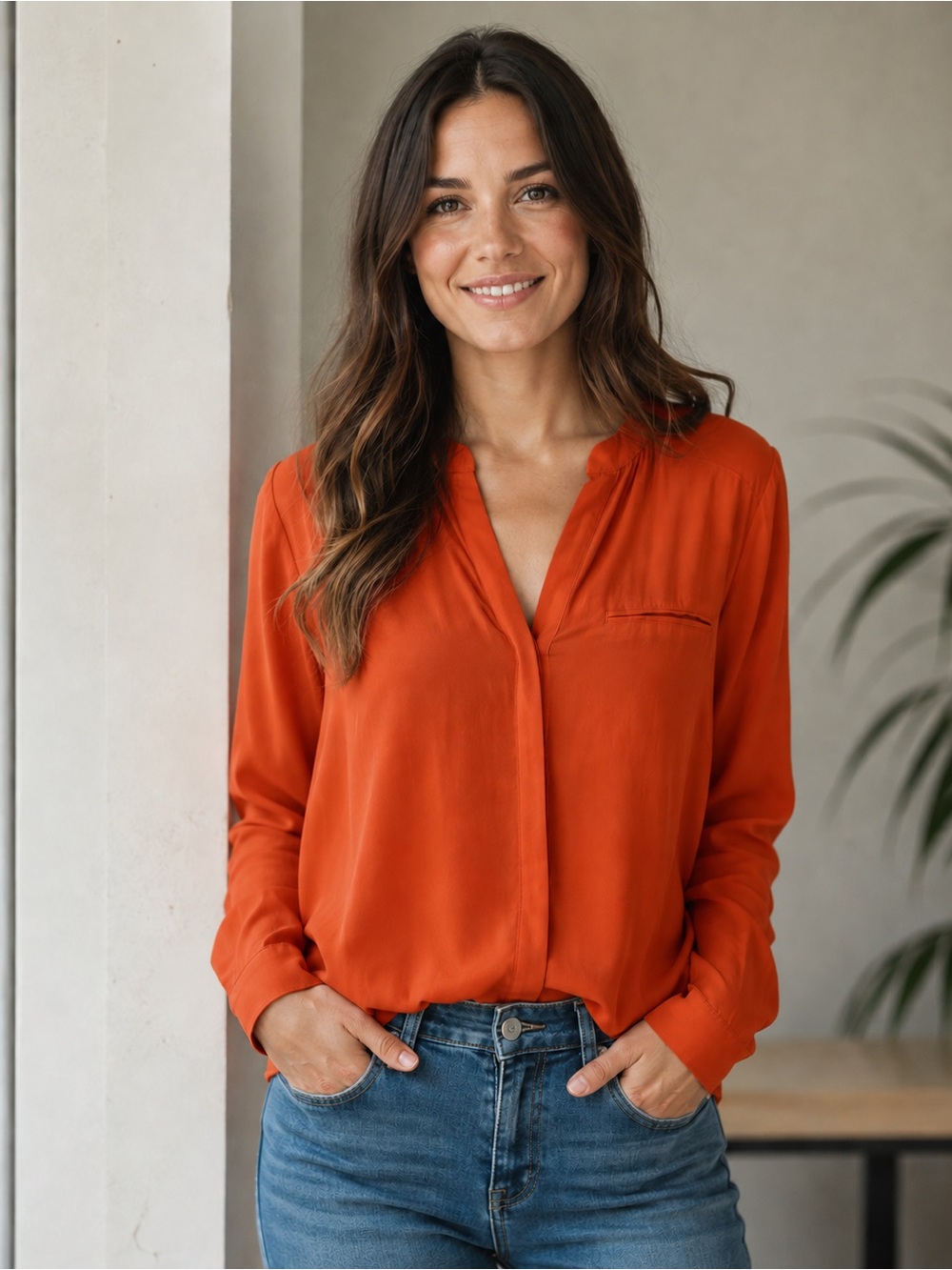 Worthington Women’s Orange V-Neck Button-Front Blouse